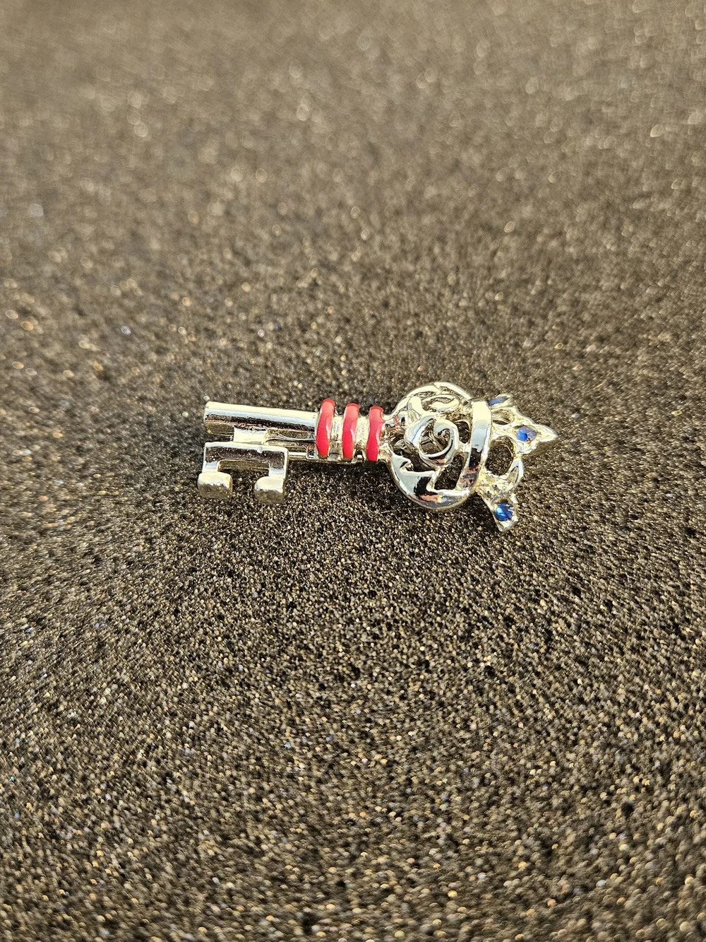 Brooch Crown Key Charm with Blue Stones and Red Accents